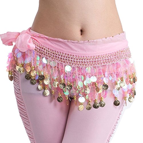 Image of VRITRAZ Women's Chiffon Belly Dance Hip Scarf Waistband Belt Skirt Mixed Colors Beads and Golded Coins 56 Black