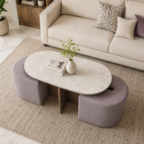 Image of The Attic Norwood Coffee Table, Coffee Table for Living Room, Coffee Table with 2 stools Solid Wood Centre Table with Ceramic Top, Tobacco Brown Finish