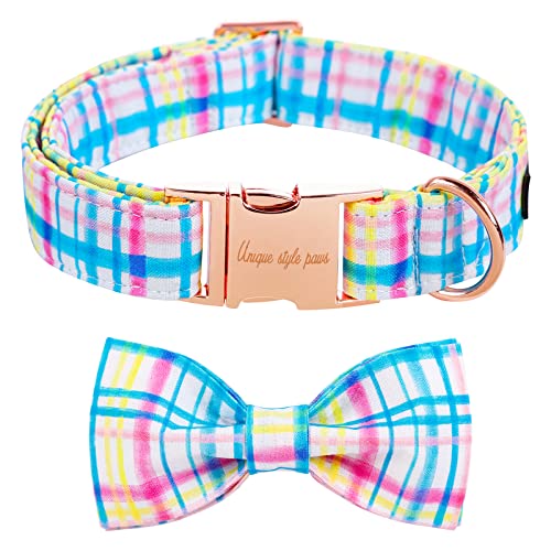 Unique style paws Easter Day Dog Collar with Bow Tie Blue Pink Grid Puppy Collar for Small Medium Large Boys Girls-M