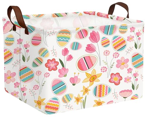 Image of Large Rectangular Easter Baskets Empty Waterproof Boy Toy Box Foldable Kid's Gifts Storage Bin Spring Room Decor(Tulip Flower Egg)