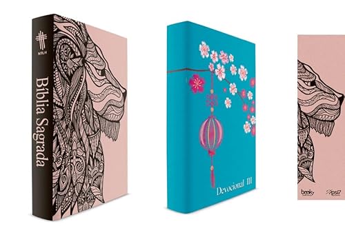 Kit leão rosa – bíblia capa dura ntlh + devocional iii capa azul claro + marca página: