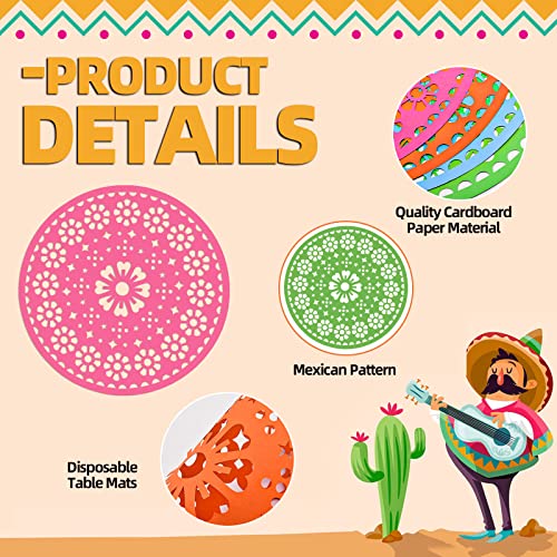 32 Pieces Fiesta Paper Place Mats 14" Mexican Papel Picado Cinco De Mayo Disposable Placemat Round Paper Doilies Cutouts For Mexican Party Supplies Tableware Decoration #TOP2