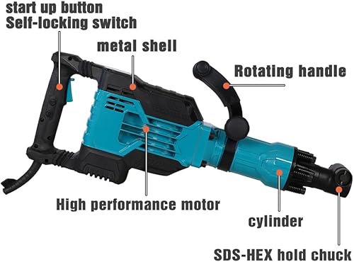 Miniatura 3 de SLifet Martillo de demolición Jack, martillo astillador eléctrico resistente de 1700 W, martillo de aluminio de 1900 BPM 1-18 pulgadas, rompedor de