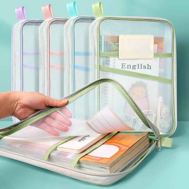 VEPROIX (Pack of 1, Multicolour) A4 Mesh Zipper File Folder Organizer with 3-Layer Separation – Dustproof Document Bag with Label Pocket, Lightweight Portable Pouch for Office, School, Students