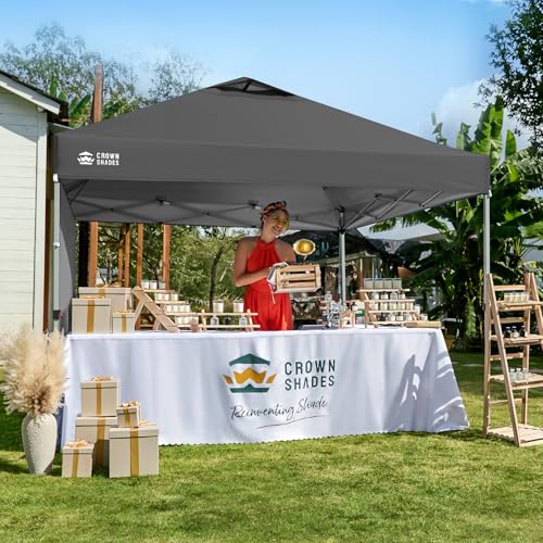 CROWN SHADES 10x10 Pop Up Canopy with 1 Side Wall - Beach Tent with One Push Setup - Outdoor Sun Shade for Events, Parties, Camping - Gazebo with STO-N-Go Cover Bag (Grid Grey) - Image 3
