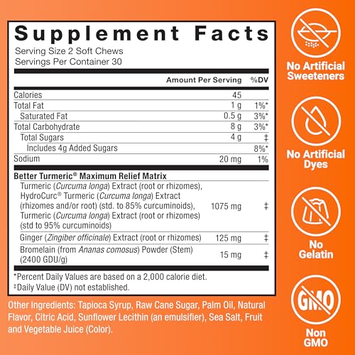 Image of Force Factor Better Turmeric Maximum Joint Support | 1075mg Curcumin with Ginger, Supports Mobility, Flexibility & Comfort, Fruit Punch, 60 Soft Chews