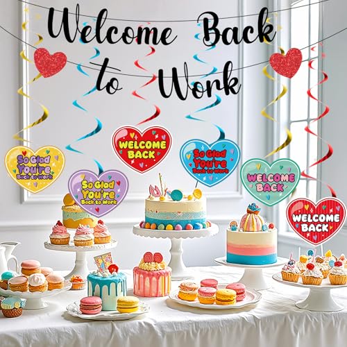 Image of Welcome Back To Work Decoration Banner So Glad You're Back To Work Banner and Hanging Swirls for Office Party Supplies