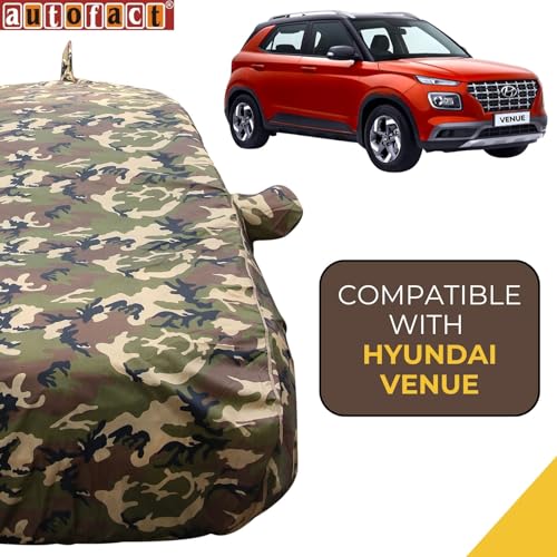 Image of Autofact Waterproof Car Body Cover Compatible with Hyundai Venue (2019 to 2022), with Mirror and Antenna Pockets,4x4 American Matty, Long Lasting Durable Material, Camouflage Army Look