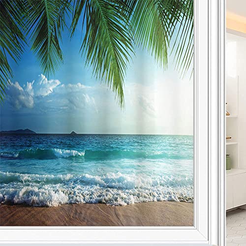 Ocean Adhesive Window Film, Palms Tropical Island Beach Seashore Water Waves Hawaiian Nautical Marine, For Uv Blocking Heat Control Glass Stickers, W35.4 X L78.7 Inch Blue Green #TOP18