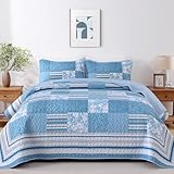Picture of Drucon 3 Pieces Patchwork Quilt Set Queen Size, Blue n White Plaid Design Bedding Set, Soft n Cozy Microfiber Quilt, Lightweight Bedspread Bed Cover for All Season(96" x 90")