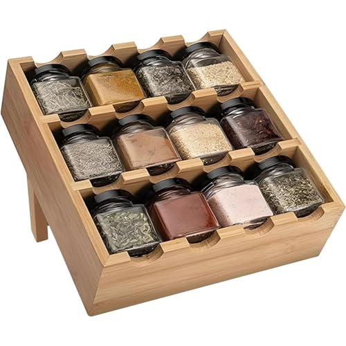 Wooden 3-Tier Spice Rack, 12 Filled Glass Jars, 12 Organic Spices Included, natural wood color