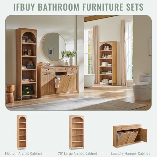 Image of IFBUY Triple Tilt Out Laundry Hamper Cabinet, 20 Gallon Farmhouse Trash Can Cabinet w /Drawer & Adjustable Shelf, Hidden Garbage Can Bin Cabinets w /Laundry Basket for Bathroom, Kitchen (Natural)