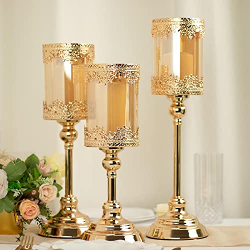 Tableclothsfactory Set of 3 | Antique Gold Lace Design Votive Candle Stands, Hurricane Glass Pillar Candle Holders - 13