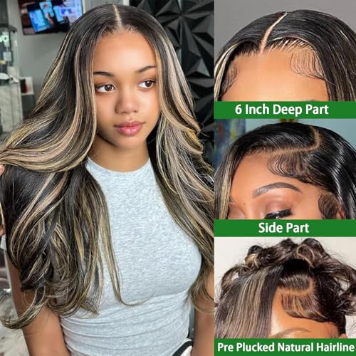 Image of MUZOJET 1B /27 Highlight Ombre Balayage 13x6 Lace Front Wigs Human Hair Black and Blonde HD Transparent Lace Front Wig Human Hair Pre Plucked with Baby Hair for Black Women 180% Density 26 Inch