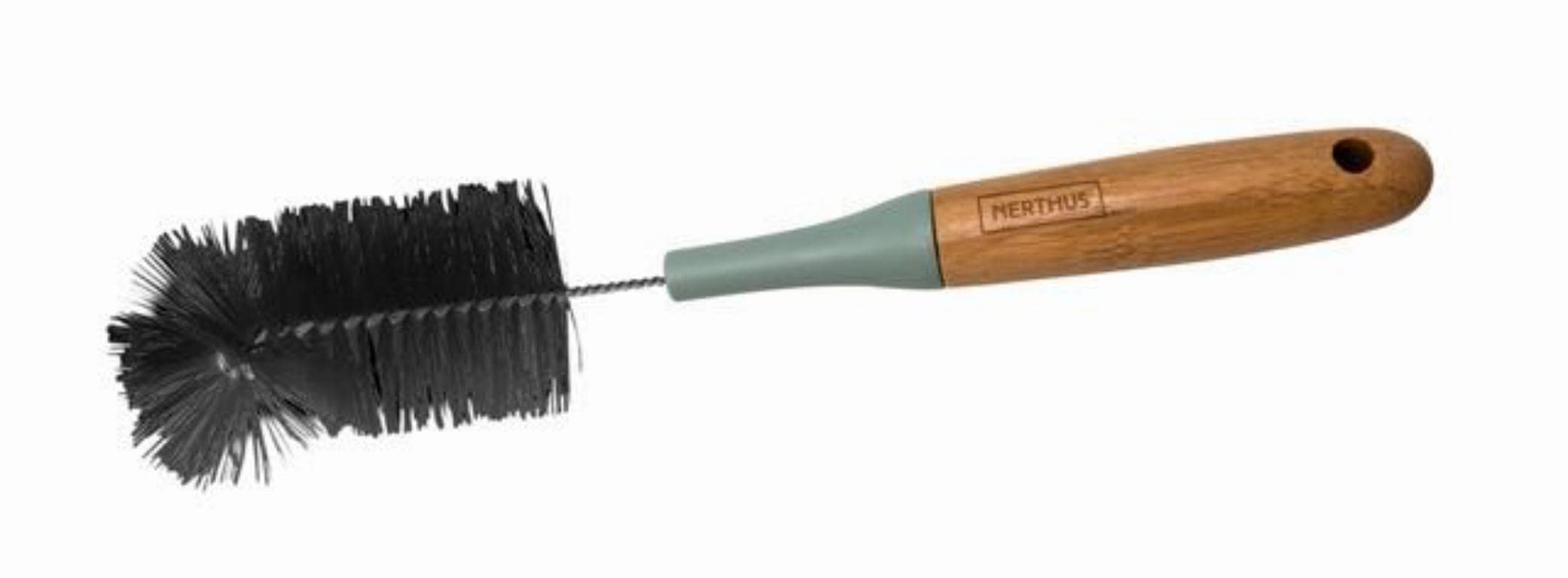 NERTHUS FIH 655-Bamboo Handle Cleaning Brush Ideal for Cleaning Double Wall Bottles, Black/Brown, 31 x 4.6 x 4.6 cm