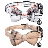 Psiriol 2PCS Breakaway Cat Collars, Bow Tie Cat Collar with Bells, Cute Bowtie Plaid Collars with Buckle, Soft Adjustable Kitten Accessories for Indoor Cats, Puppy and Small Pets