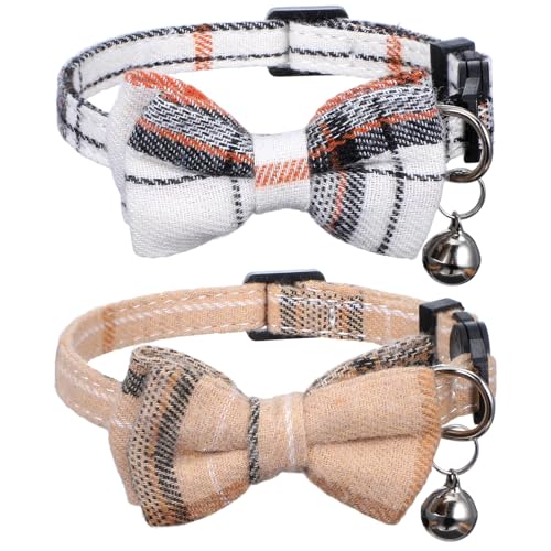 Psiriol 2PCS Breakaway Cat Collars, Bow Tie Cat Collar with Bells, Cute Bowtie Plaid Collars with Buckle, Soft Adjustable Kitten Accessories for Indoor Cats, Puppy and Small Pets