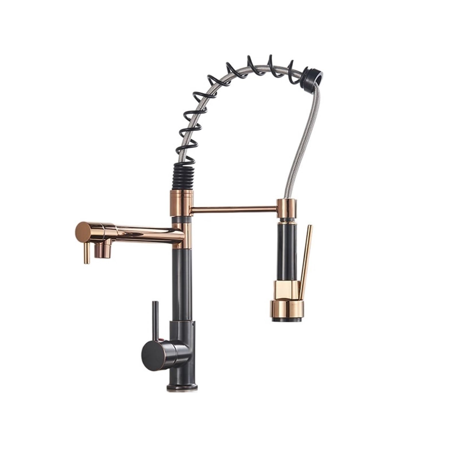 Robinet de cuisine double jet haut de gamme design noir mat et finitions or rose éclatant
