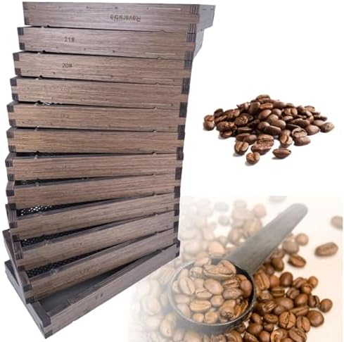10-Layer Coffee Bean Grading Sieve with 12-21 Mesh, Wooden Sifter with Bottom Tray, Stainless Steel Rims, Perfect for Home, Coffee Shops, Labs & Enthusiasts