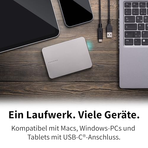 Toshiba Canvio Flex 1TB - tragbare Externe 2,5''-Festplatte (HDD) für Mac, Windows PC, Smartphone und Tablet, kompatibel mit den meisten USB-C- und USB-A-Geräten, warmes Silber (HDTX210ESCAA)