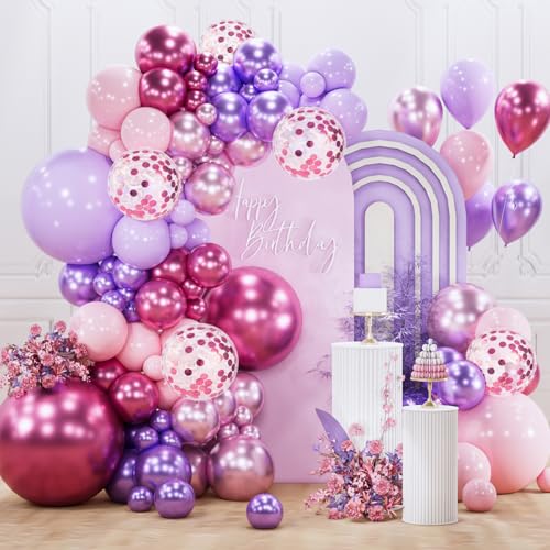 Image of PartyWoo Pink and Purple Balloon Arch Kit Garland 140pcs Different Sizes of 18 12 10 5 Inch Metallic Baby Pink Hot Pink Chrome Light Purple Gold Confetti Balloons Birthday Party Decorations