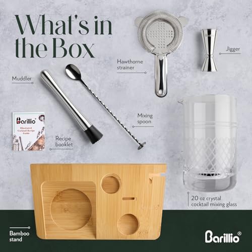 Barillio 20 Oz Crystal Cocktail Mixing Glass with Bamboo Stand & Bar Tools | Seamless Lead-Free Crystal, Weighted Base Stirring Pitcher | Including Muddler, Mixing Spoon, Jigger and Strainer - Thumbnail 4