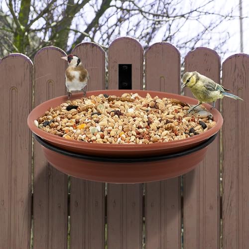 Fence Bird Feeders Tray - Tree Mounted Wild Bird Bath for Outdoors Place Food Water Installed on Deck Wall Stakes with Heavy Duty Iron Ring 8.3 Dia. (Brown)
