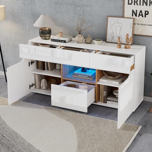 Goldicoo Sideboard mit LED-Beleuchtung, 140x40x70cm, Weiß und Holzfarbe, Hochglanz, 4 Schubladen, 2 Schränke, Spanplatte, Wohnzimmer Goldicoo Sideboard mit LED-Beleuchtung, 140x40x70cm, Weiß und Holzfarbe, Hochglanz, 4 Schubladen, 2 Schränke, Spanplatte, Wohnzimmer