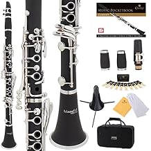 Mendini by Cecilio B Flat Clarinet for Beginner, Ebonite Bb Clarinet with 2 Replaceable Barrels, 10 Reeds, Stand, Pocketbook, Mouthpiece, Hard Case, Gloves, Black