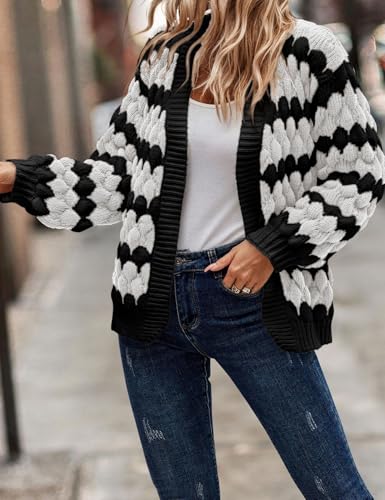 Image of Arssm Womens Oversized Chunky Cardigan Sweaters Open Front Striped Color Block Cable Knit Fall Winter Sweater Coats(White-L)