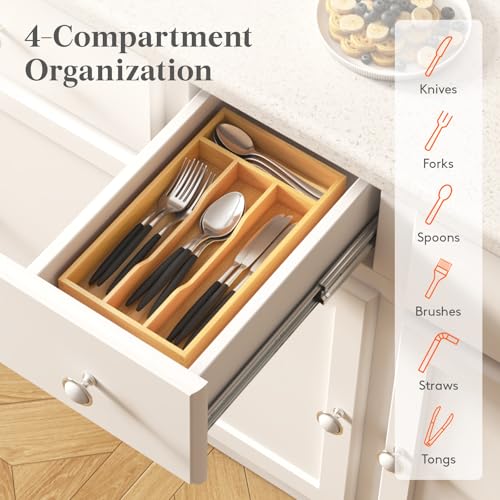 Lifewit Silverware Drawer Organizer, Utensil Tray for Kitchen, Flatware and Cutlery Holder, Storage for Spoons Forks Knives, 6.7 x 12\", Natural - Thumbnail 6