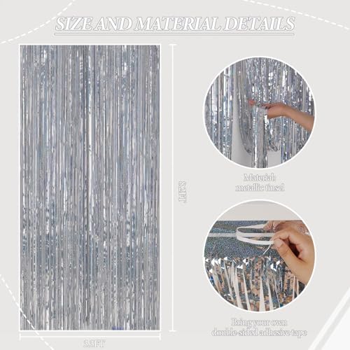 Image of DECOCKRAT 3 Pack Foil Fringe Backdrop - Laser Silver Shiny Tinsel Curtains for Party Decoration /Photo Booth Props - 3.3x8.2 FT Metallic Foil Backdrop for Birthday, Wedding, Graduation, Christmas.