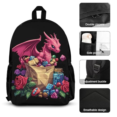Dragon D And 20 Dice Roses Backpack 3 Set with Lunch Bag Insulated Shoulder Meal Tote Bags Pencil Case Box Casual Daypack3