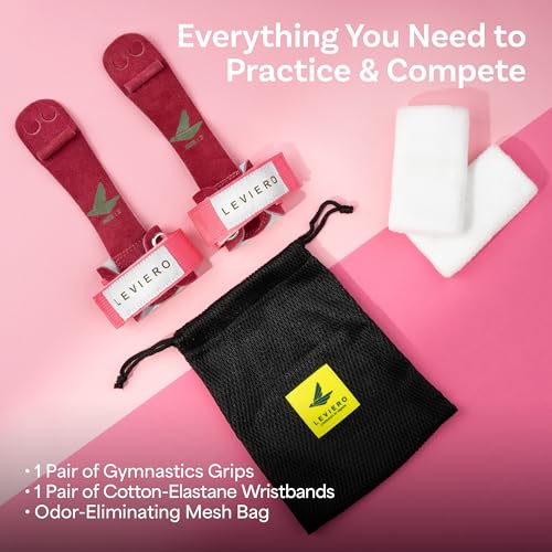 LEVIERO Gymnastics Grips Set Narrow Nippers, Grips for Gymnastics Girls, Dowel Grips with Soft Leather, Hook and Loop Wrist Straps, and Adjustable Finger Holes, for All Ages - (Pink, 000)