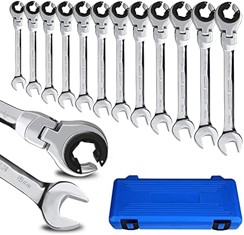 LOSCHEN】Metric Open Flex-Head Ratcheting Wrench Combination Wrench 12 Pcs /set 8-19mm, Metric Ratcheting Spanner with 72 Teeth, Chrome Vanadium Steel Tubing Ratchet Spanner（US and European Patents）