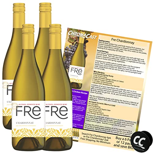 Fre Chardonnay Non-Alcoholic White Wine Experience Bundle with Chromacast Phone Grip, Seasonal Wine Pairings &amp; Recipes, 750ML btls, 4-Pack