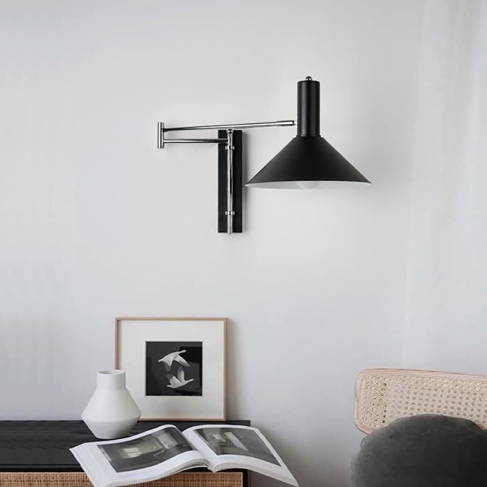 Schwenkarm Wandleuchten mit Schalter und Kabel Wandlampe lnnen Vintage Industrie Wandbeleuchtung Verstellbar Langer Arm Wand Leselampe Drehbare 360 ° Flexarm für Wohnzimmer Büro,Schwarz
