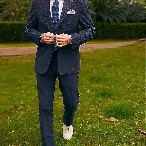 Mens Navy Blue Seersucker Blazer Breathable Outfit Leisure Groom Tuxedo Wedding Prom Suit2