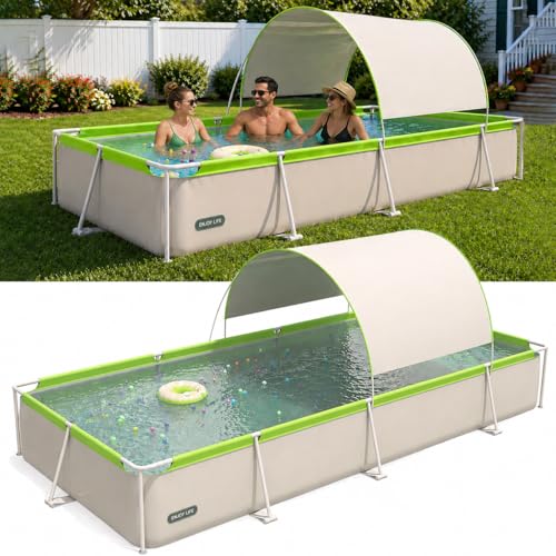 Image of 167 inch Large Foldable Pool with Canopy, Non Inflatable Pool, Foldable Swimming Pool for Adults, Above Ground Pool with Shade, 167 x 81 x 26 in, Gray Green