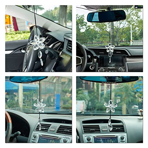 Image of Crystal Flower Rear View Mirror Pendant Car Hanging Ornament Lucky Accessory, Transparent