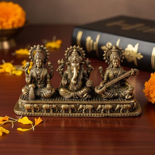 Image of eCraftIndia Brass Goddess Lakshmi Ganesha Saraswati Idol Murti Statue for Home Decor, Pooja Room Temple