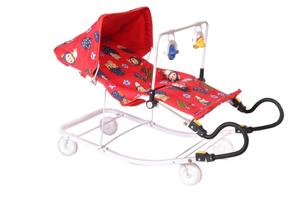 INFANTO Multipurpose Bouncer - 3-in-1 Baby Bouncer, Rocker & Indoor Cart | Superior Locking, Extra Comfort, Sunshade, Attractive Play Toy | Suitable from Birth up to 18 Months-RB32 (Red)