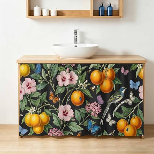 Zadaling Pink Hibiscus Cabinet Curtains Tropical Plant Tropical Citrus Butterfly Green Leaf 28" W x 51" L Pedestal Sink Skirt with Pedestal Sink Skirt, Adhesive Under Sink Curtain