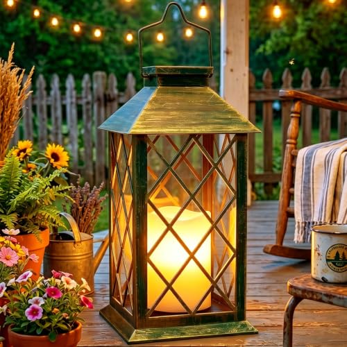 Image of 14 inch Large Tempered Glass Solar Lanterns Outdoor Waterproof | Bronze retro solar lantern with flickering flameless candles, ideal decoration for wall, porch, patio, table and garden.