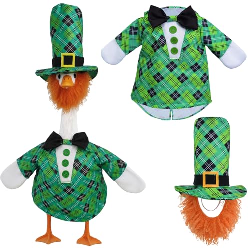 Pikpops St Patricks Day Porch Goose Outfit for 23 Lucky Leprechaun Goose Clothes Top Hat with Beard Plaid Coat for Irish Gateway Yard Patio Lawn Decoration