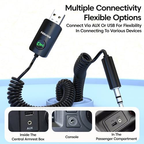 Image of Sounce Bluetooth Car Receiver with Hands-Free Calling,Built-in Microphone, 85 cm Coiled Cable, Multi-Function Button, Music Playback, Wireless AUX Adapter for Car Audio (Black)