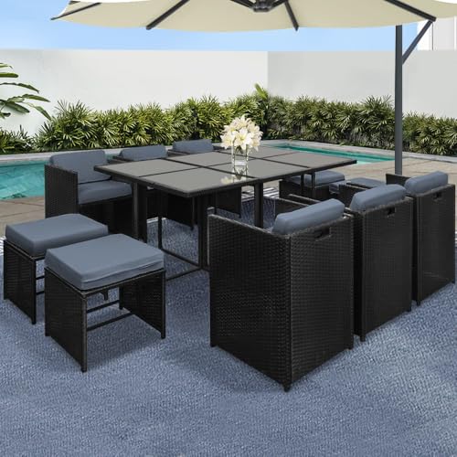 Gardeon Outdoor Dining Set 11pcs Rattan Wicker Lounge Setting Table and Chairs, Patio Conversation Sets Furniture Garden Backyard, Weather-Resistant Cushions Storage Cover Black with Ottoman