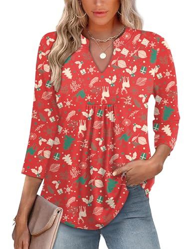 Micoson 3/4 Length Sleeve Womens Tops Casual V Neck Pleated Tunic Tops L