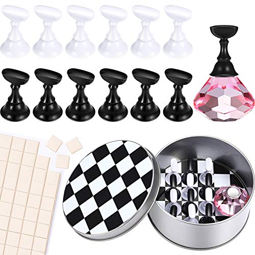 14 Pieces Acrylic Nail Display Stand Set Includes 12 Pieces Black and White Nail Practice Holders with a Crystal Base and White Removable Adhesive Putty for Nail Tip Manicure Tool