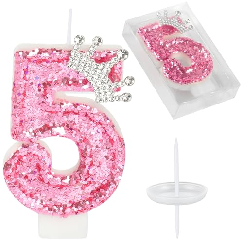 Birthday Number Candles,Pink Crown Birthday Candles for Cake,Glit...